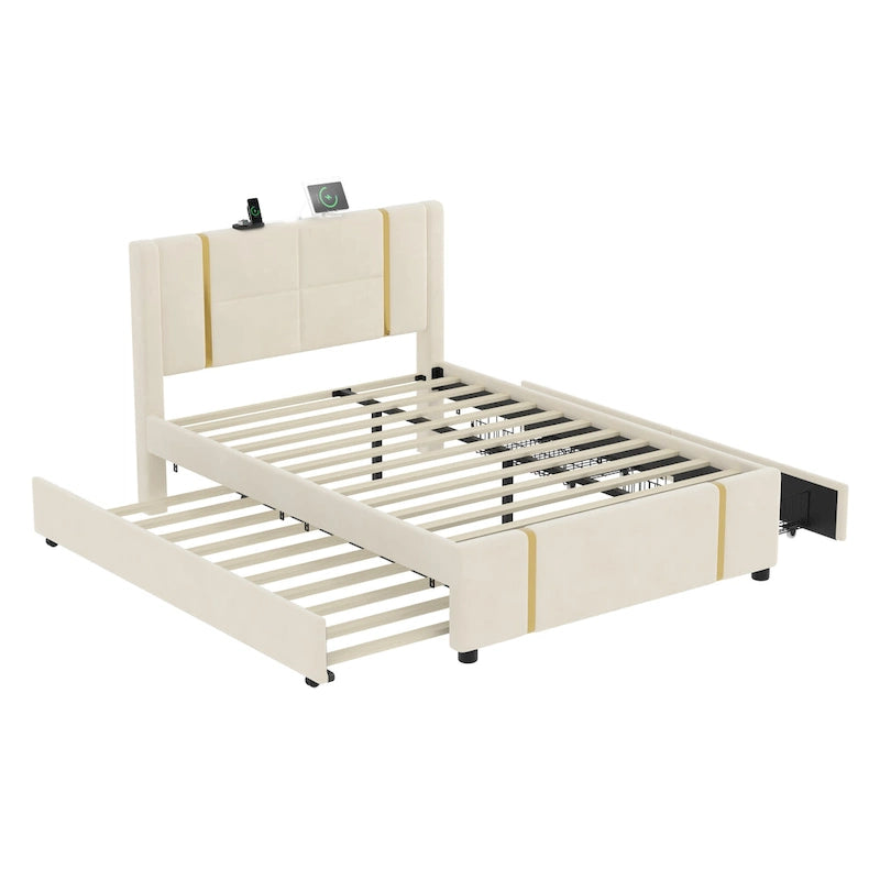 Lit plateforme moderne capitonné avec détails dorés