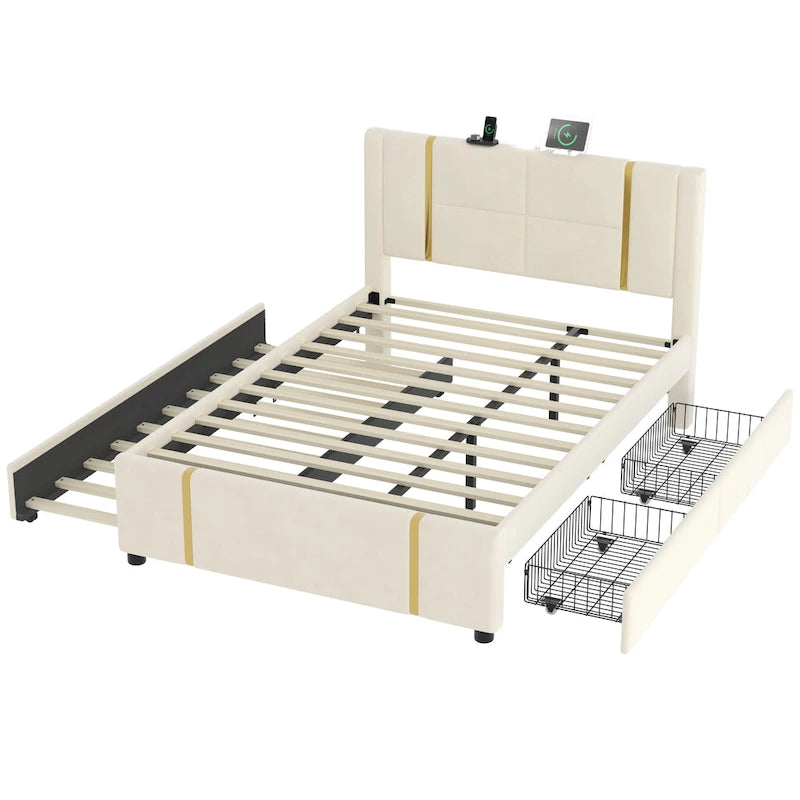 Lit plateforme moderne capitonné avec détails dorés