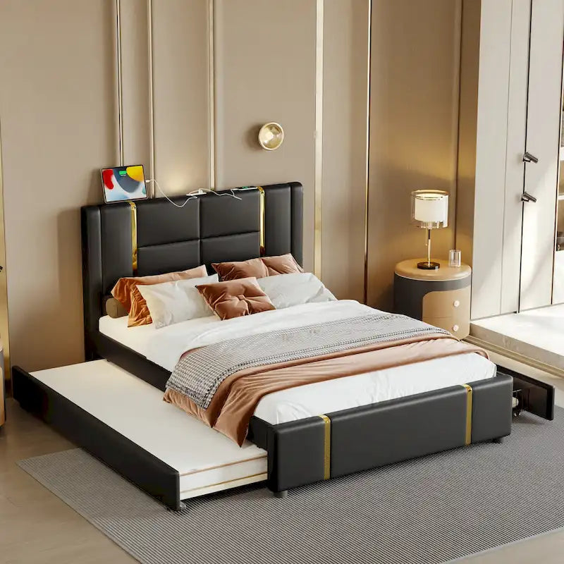 Lit plateforme moderne capitonné avec détails dorés