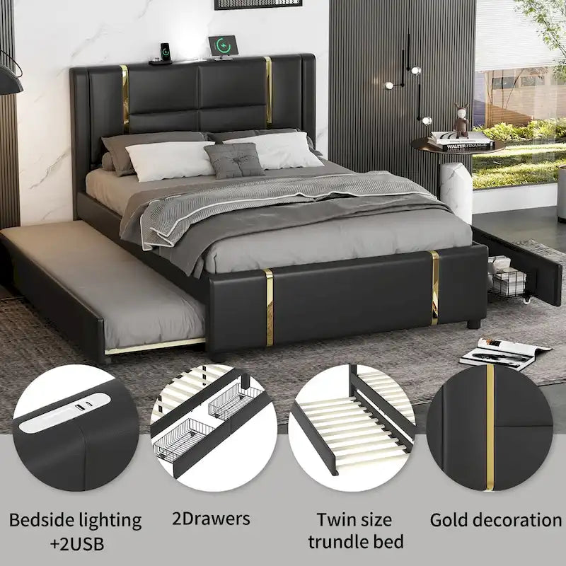 Lit plateforme moderne capitonné avec détails dorés