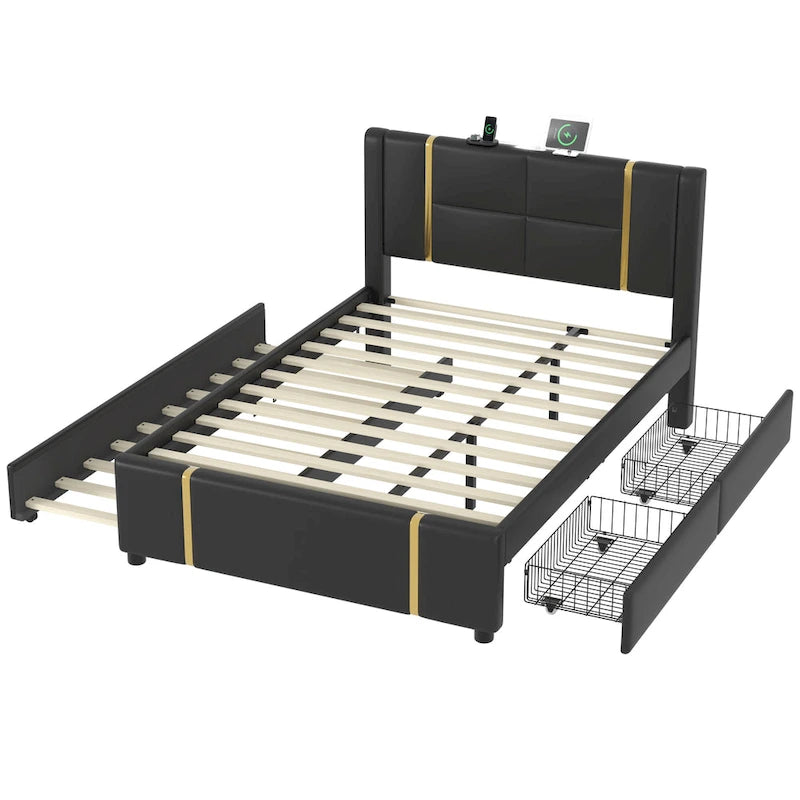 Lit plateforme moderne capitonné avec détails dorés