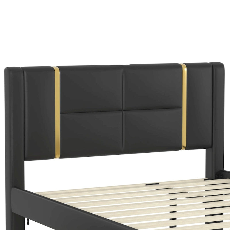 Lit plateforme moderne capitonné avec détails dorés