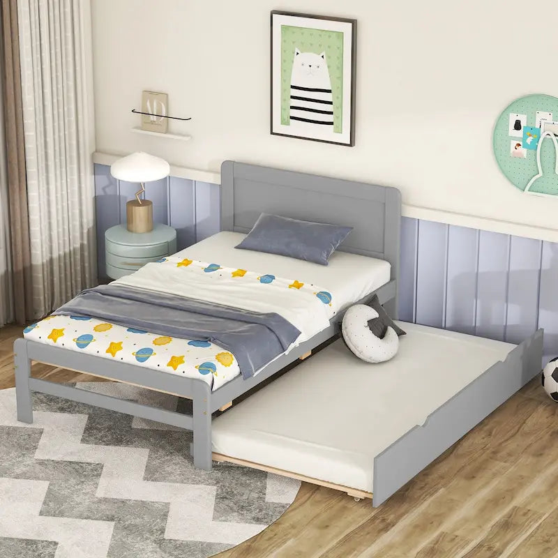 Cadre de lit plateforme moderne pour lit simple avec lit gigogne, couleur gris