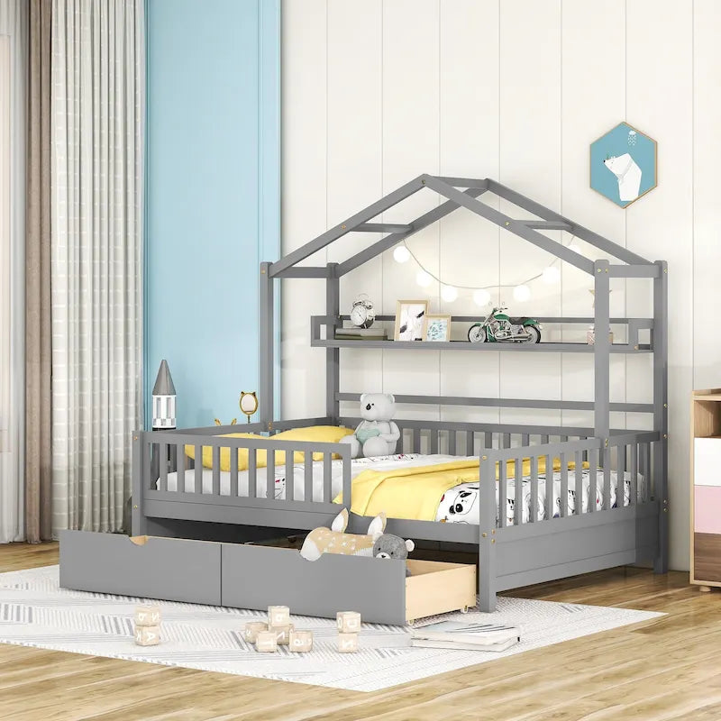 Lit plateforme en bois en forme de maison avec tiroirs et étagère