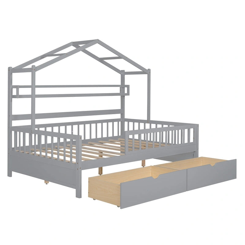 Lit plateforme en bois en forme de maison avec tiroirs et étagère