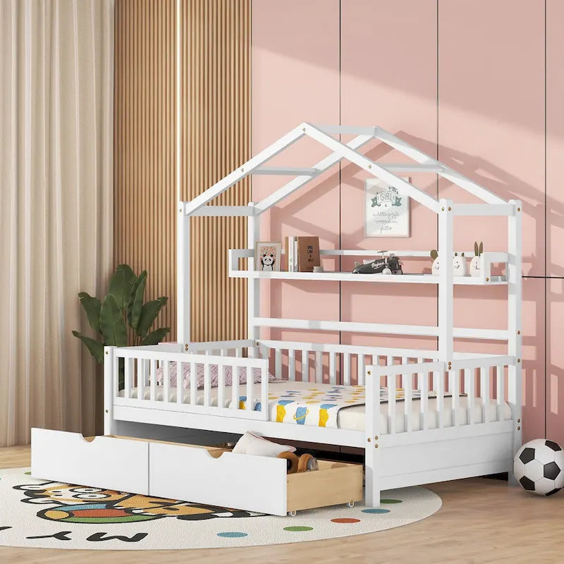 Lit plateforme en bois en forme de maison avec tiroirs et étagère