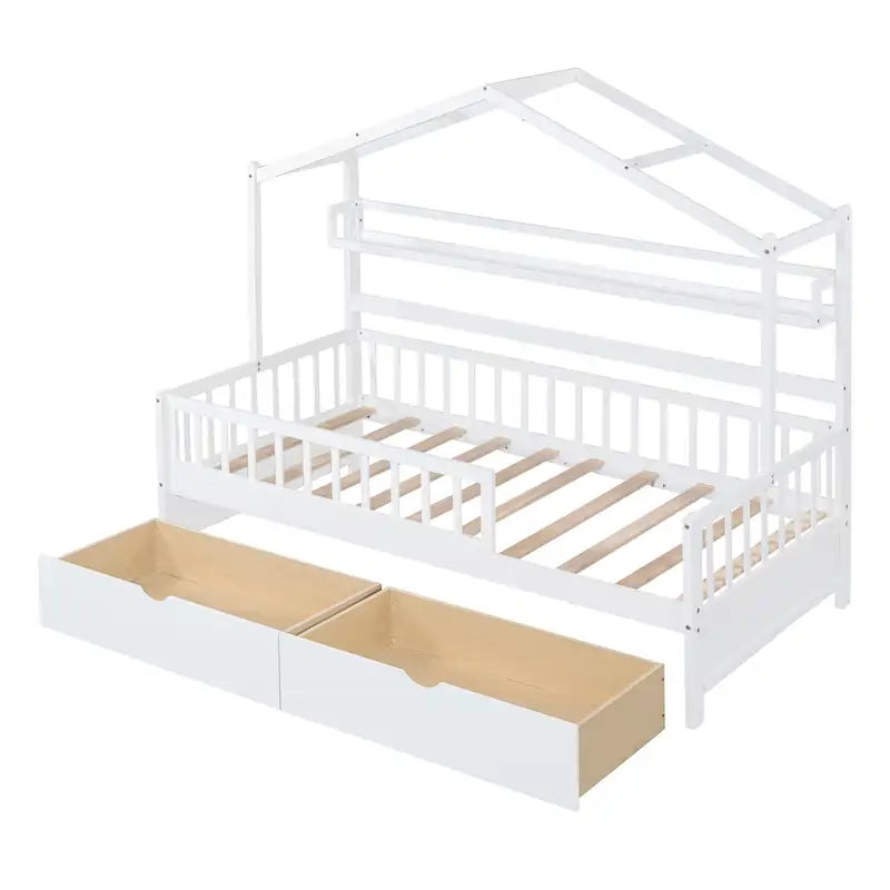 Lit plateforme en bois en forme de maison avec tiroirs et étagère
