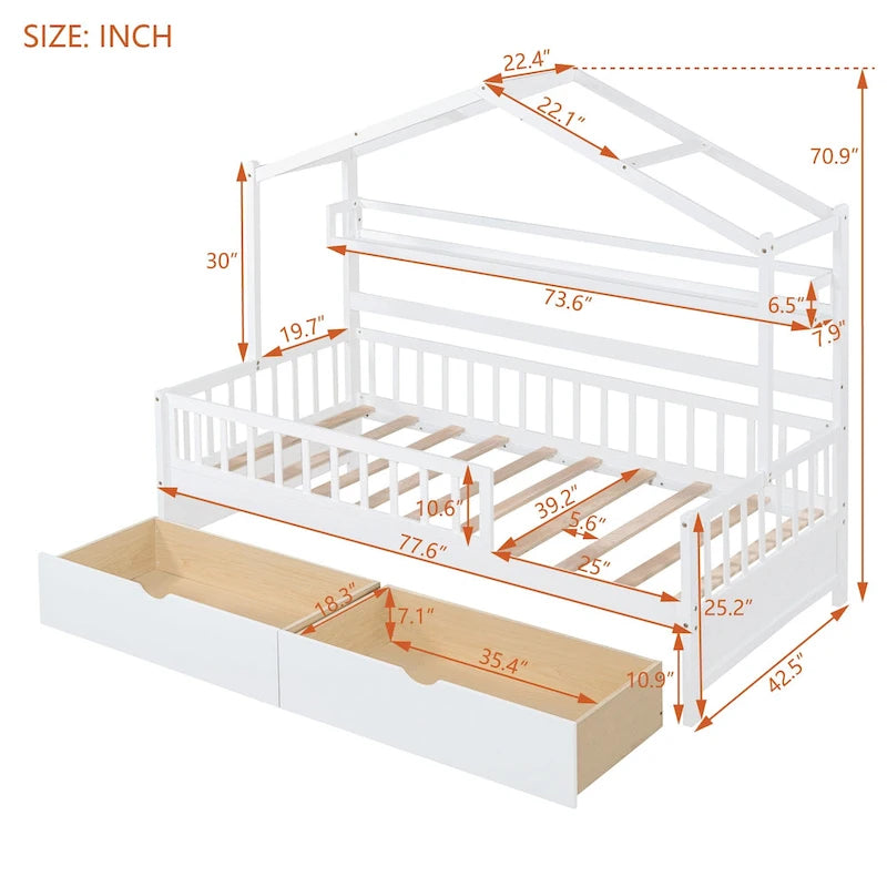 Lit plateforme en bois en forme de maison avec tiroirs et étagère