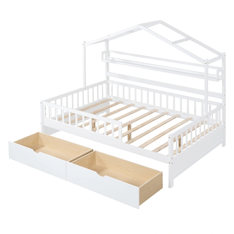 Lit plateforme en bois en forme de maison avec tiroirs et étagère