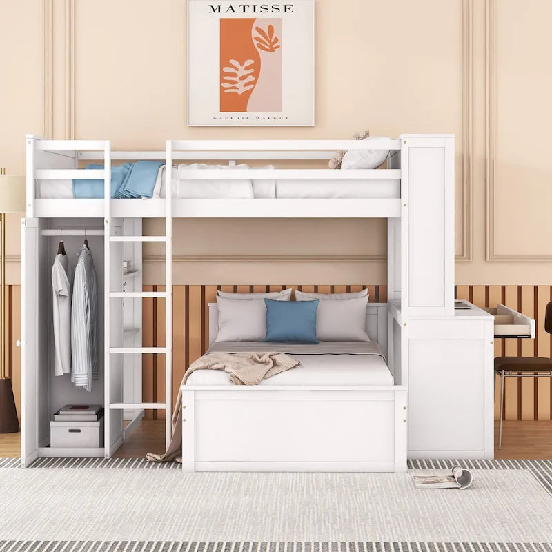Lit mezzanine avec lit indépendant, étagères, bureau et armoire
