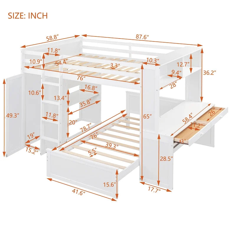 Lit mezzanine avec lit indépendant, étagères, bureau et armoire