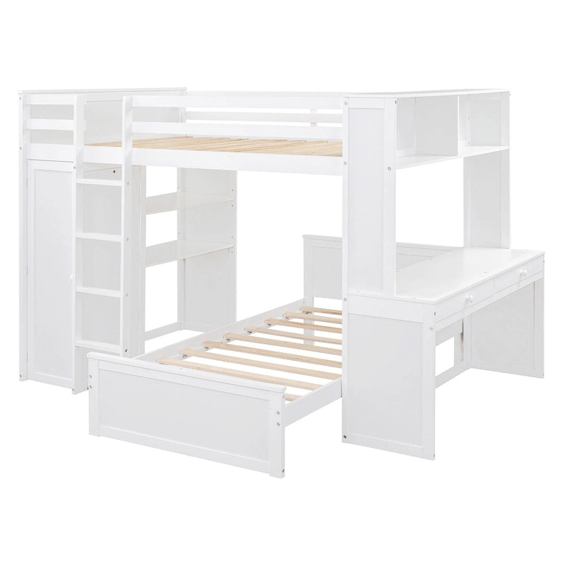 Lit mezzanine avec lit indépendant, étagères, bureau et armoire