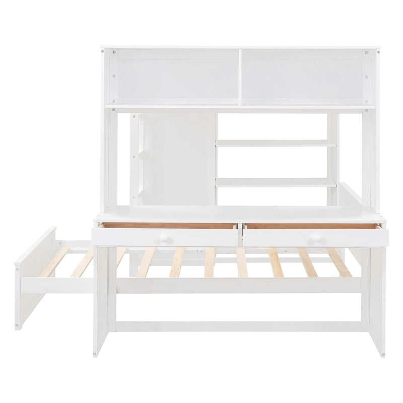 Lit mezzanine avec lit indépendant, étagères, bureau et armoire