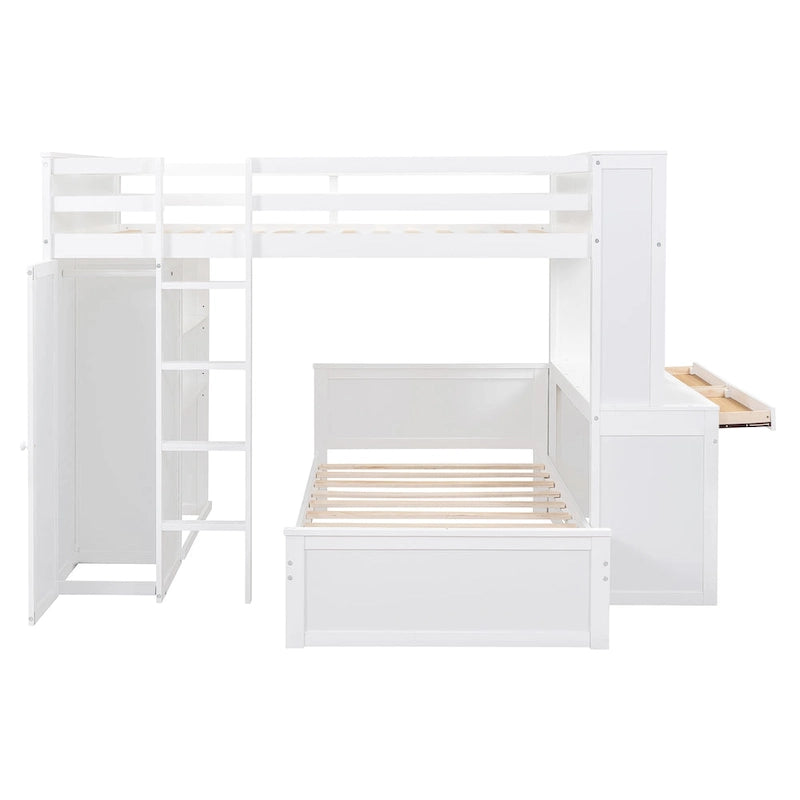 Lit mezzanine avec lit indépendant, étagères, bureau et armoire
