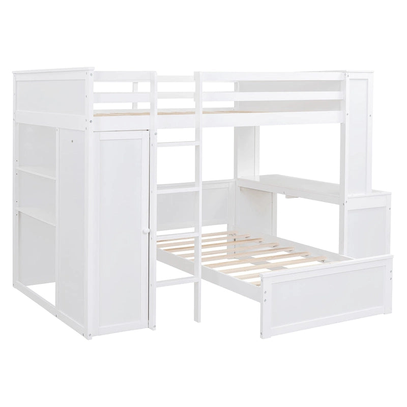 Lit mezzanine avec lit indépendant, étagères, bureau et armoire