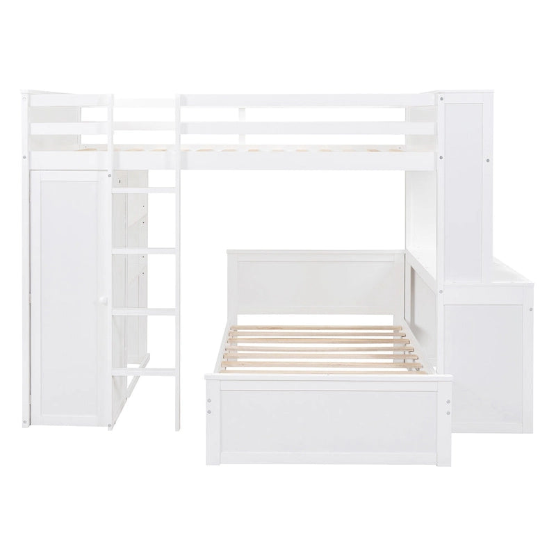 Lit mezzanine avec lit indépendant, étagères, bureau et armoire