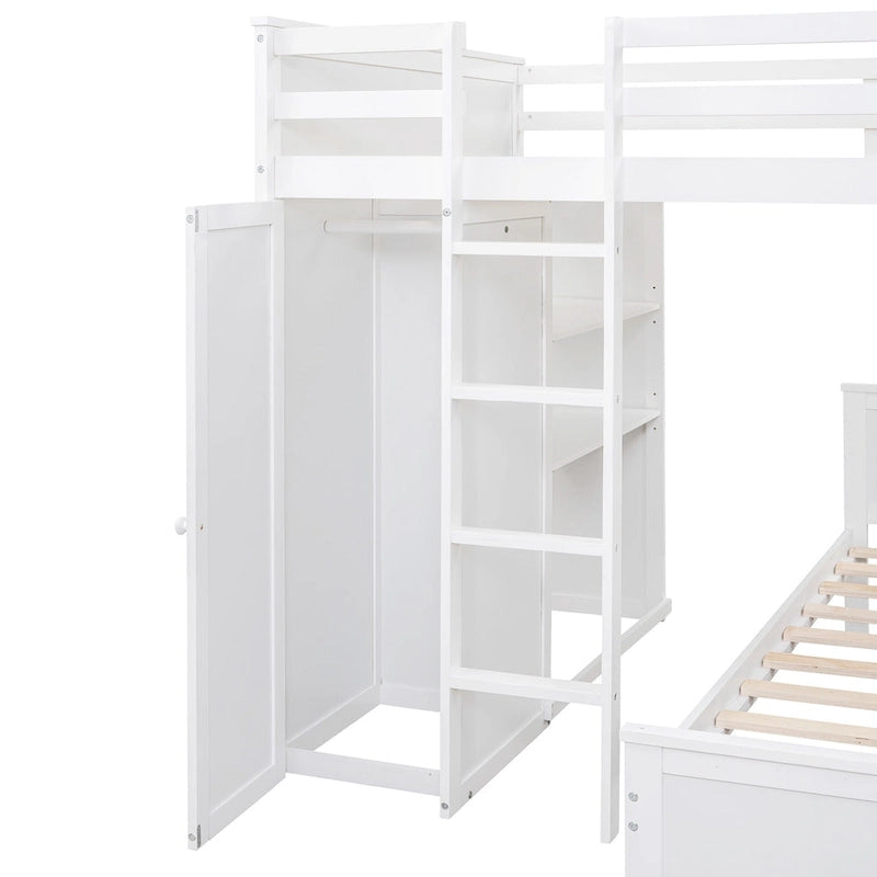 Lit mezzanine avec lit indépendant, étagères, bureau et armoire