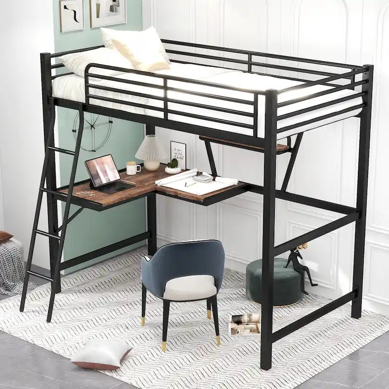 Lit mezzanine en métal avec bureau en L et étagère