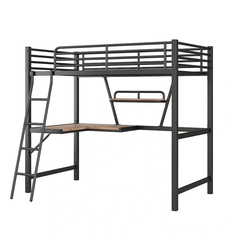 Lit mezzanine en métal avec bureau en L et étagère