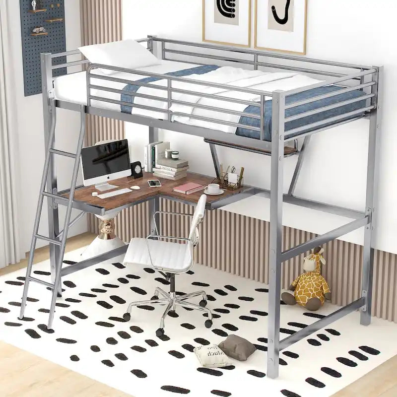 Lit mezzanine en métal avec bureau en L et étagère