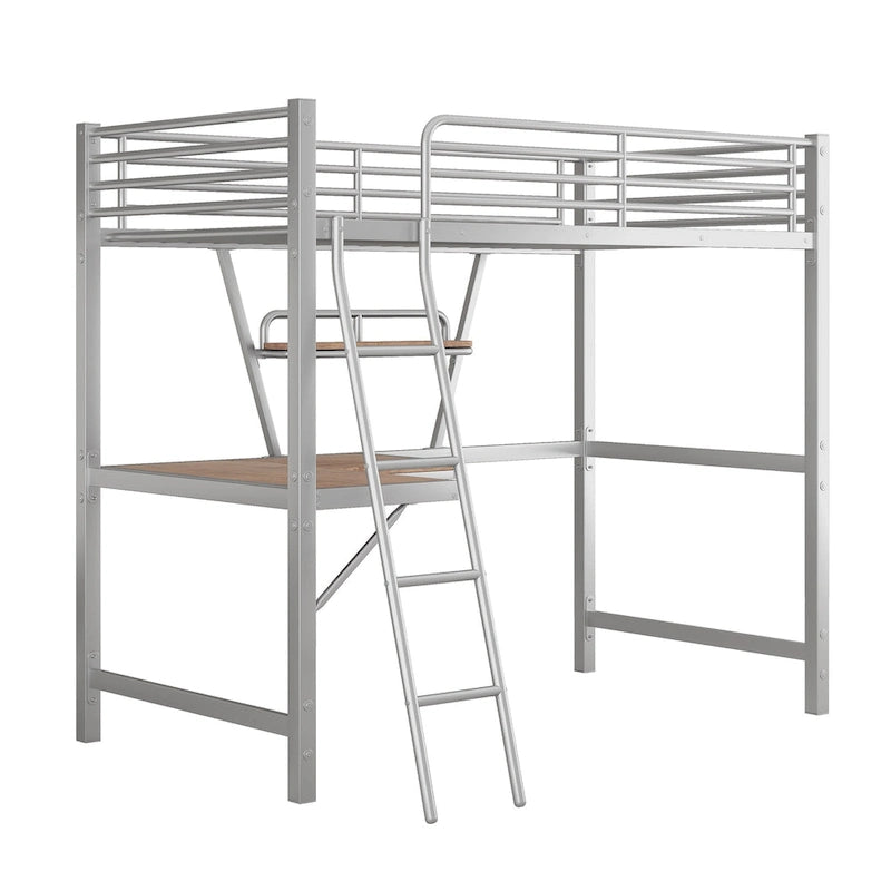Lit mezzanine en métal avec bureau en L et étagère