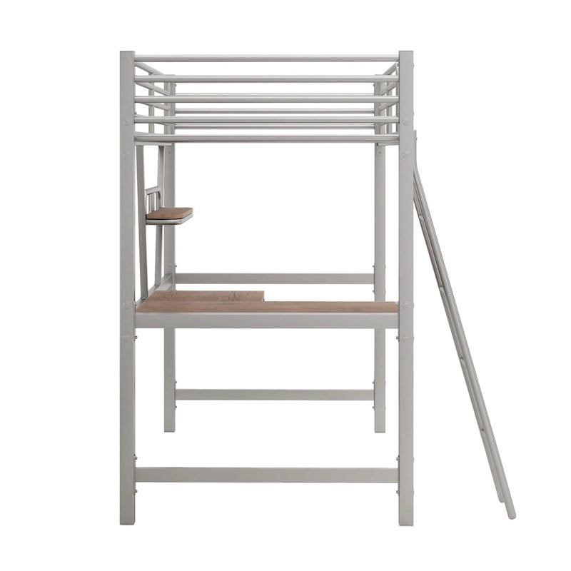 Lit mezzanine en métal avec bureau en L et étagère