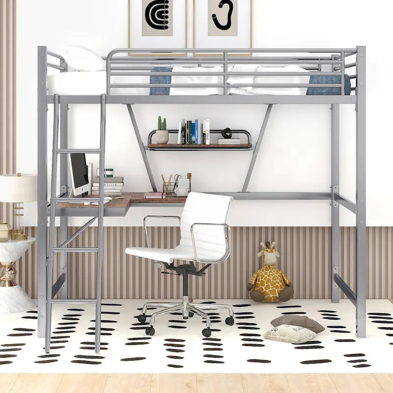 Lit mezzanine en métal avec bureau en L et étagère