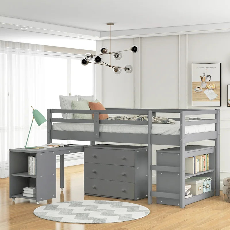 Lit mezzanine bas avec étagères de rangement et bureau mobile sur roulettes