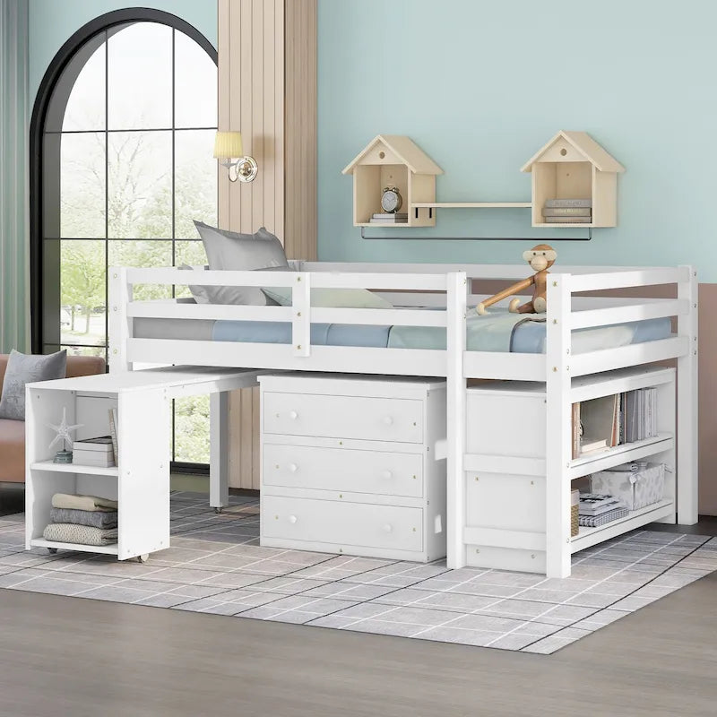 Lit mezzanine bas avec étagères de rangement et bureau mobile sur roulettes