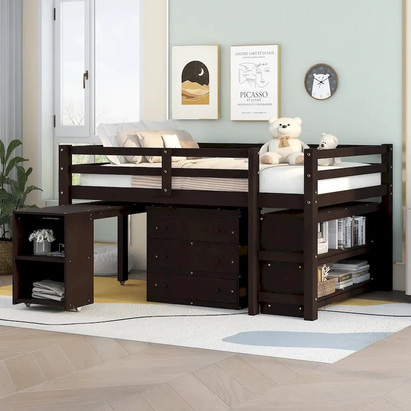 Lit mezzanine bas avec étagères de rangement et bureau mobile sur roulettes