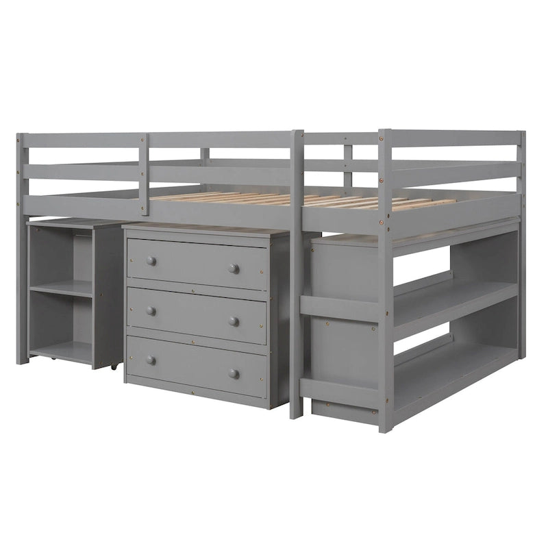 Lit mezzanine bas avec étagères de rangement et bureau mobile sur roulettes
