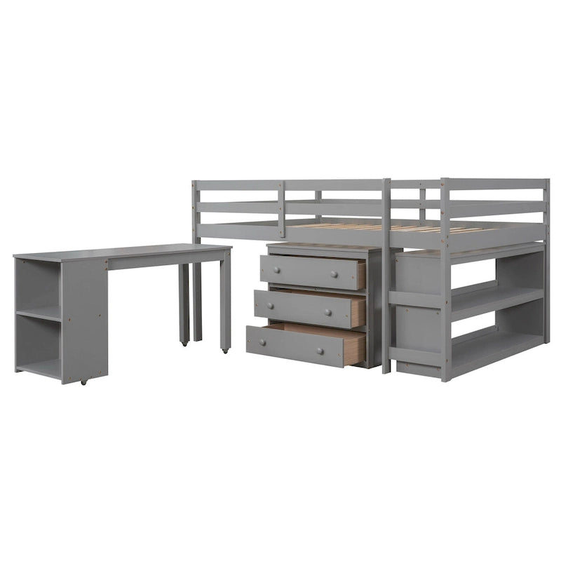 Lit mezzanine bas avec étagères de rangement et bureau mobile sur roulettes