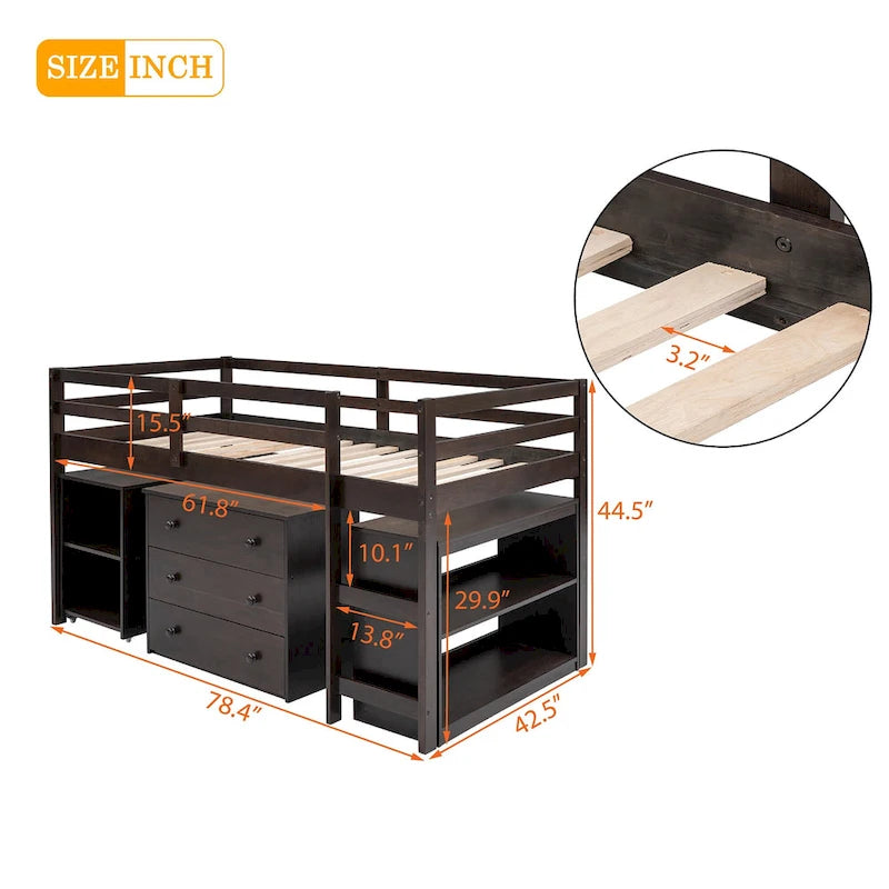 Lit mezzanine bas avec étagères de rangement et bureau mobile sur roulettes