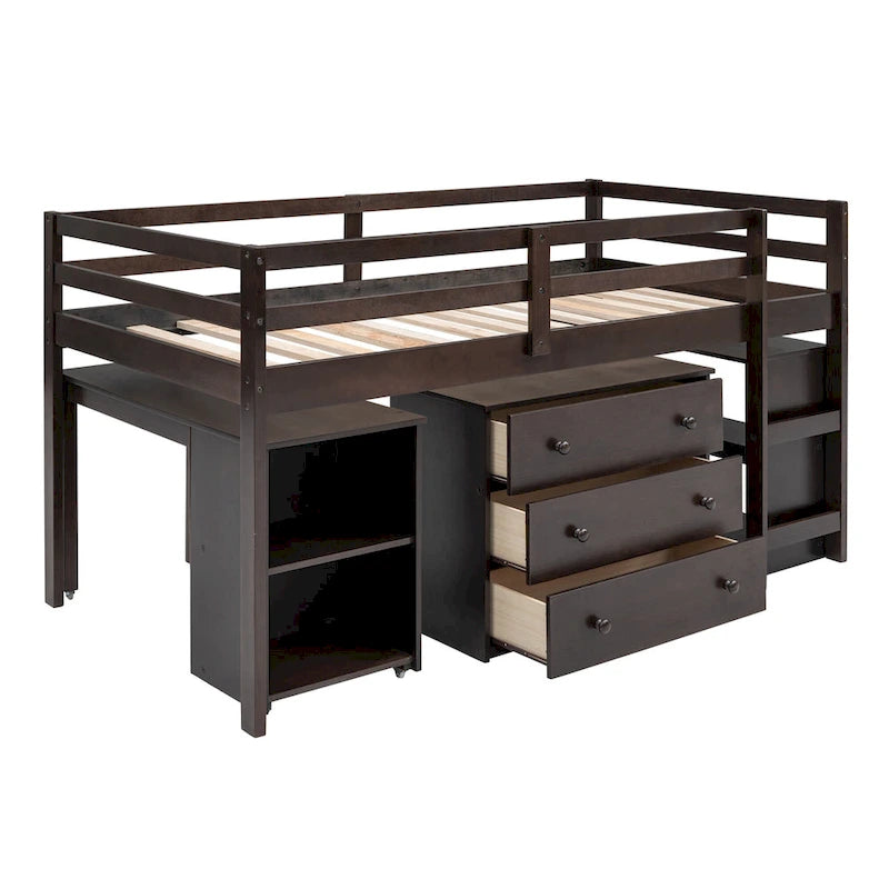 Lit mezzanine bas avec étagères de rangement et bureau mobile sur roulettes