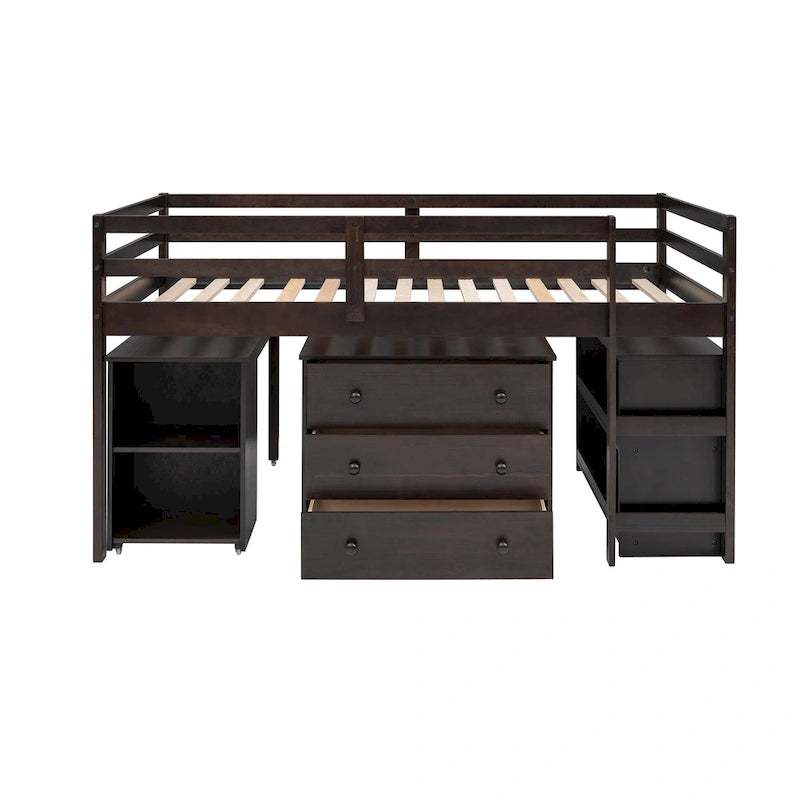 Lit mezzanine bas avec étagères de rangement et bureau mobile sur roulettes