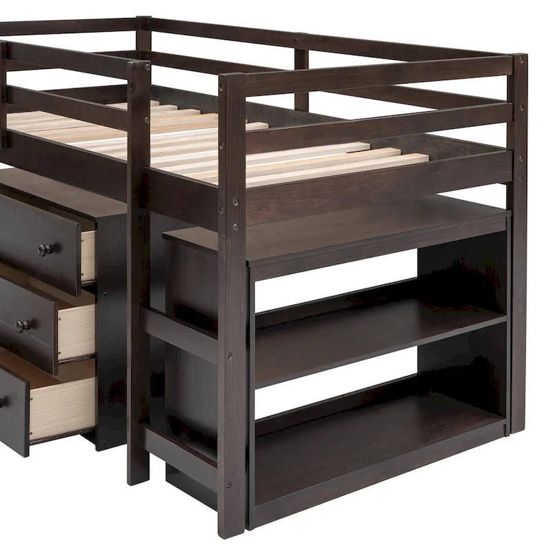 Lit mezzanine bas avec étagères de rangement et bureau mobile sur roulettes