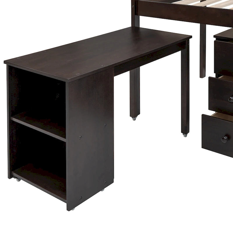 Lit mezzanine bas avec étagères de rangement et bureau mobile sur roulettes