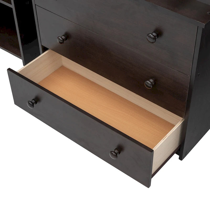Lit mezzanine bas avec étagères de rangement et bureau mobile sur roulettes