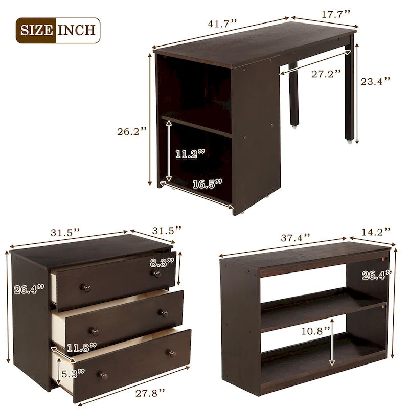 Lit mezzanine bas avec étagères de rangement et bureau mobile sur roulettes