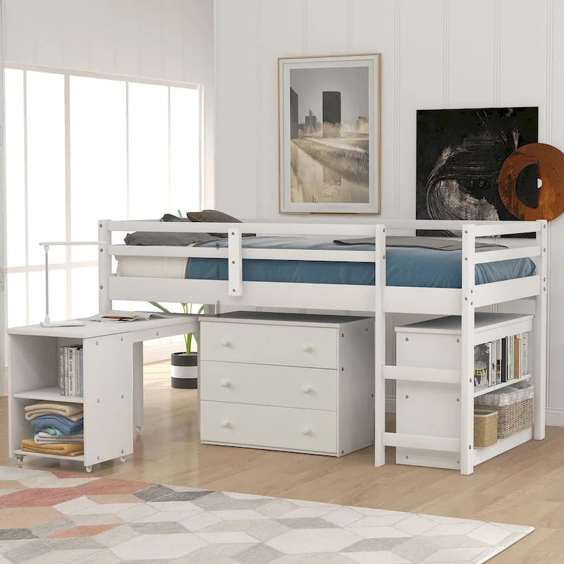 Lit mezzanine bas avec étagères de rangement et bureau mobile sur roulettes