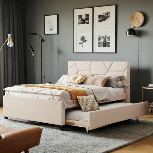 Lit plateforme tapissé deux places avec lit gigogne (une place) et 2 tiroirs pour chambre d'enfant ou d'adulte, cadre de lit en bois