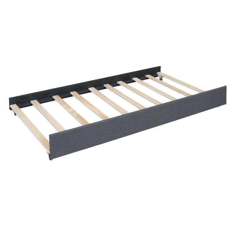 Lit plateforme tapissé deux places avec lit gigogne (une place) et 2 tiroirs pour chambre d'enfant ou d'adulte, cadre de lit en bois