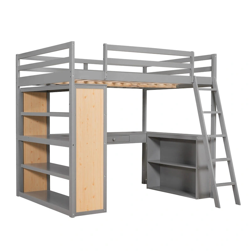Lit mezzanine deux places avec échelle, étagères et bureau
