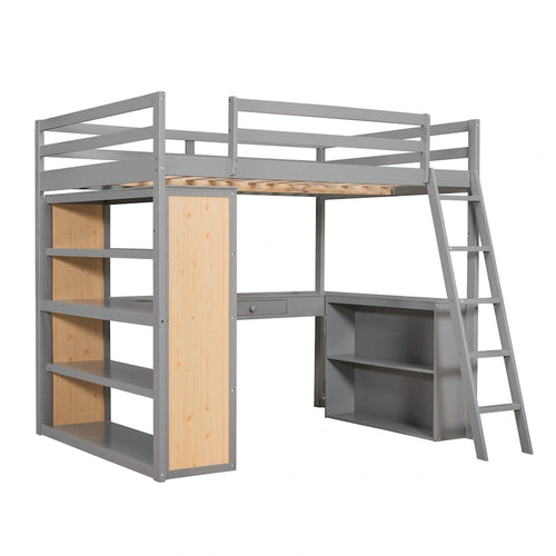 Lit mezzanine deux places avec échelle, étagères et bureau