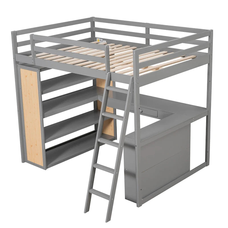 Lit mezzanine deux places avec échelle, étagères et bureau