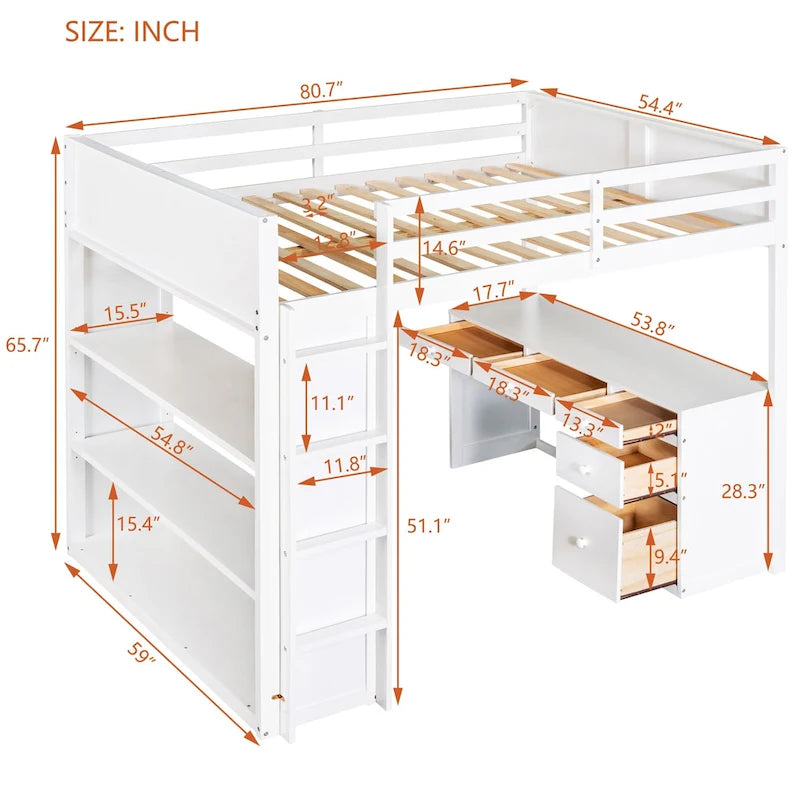Lit mezzanine deux places avec échelle, étagères et bureau