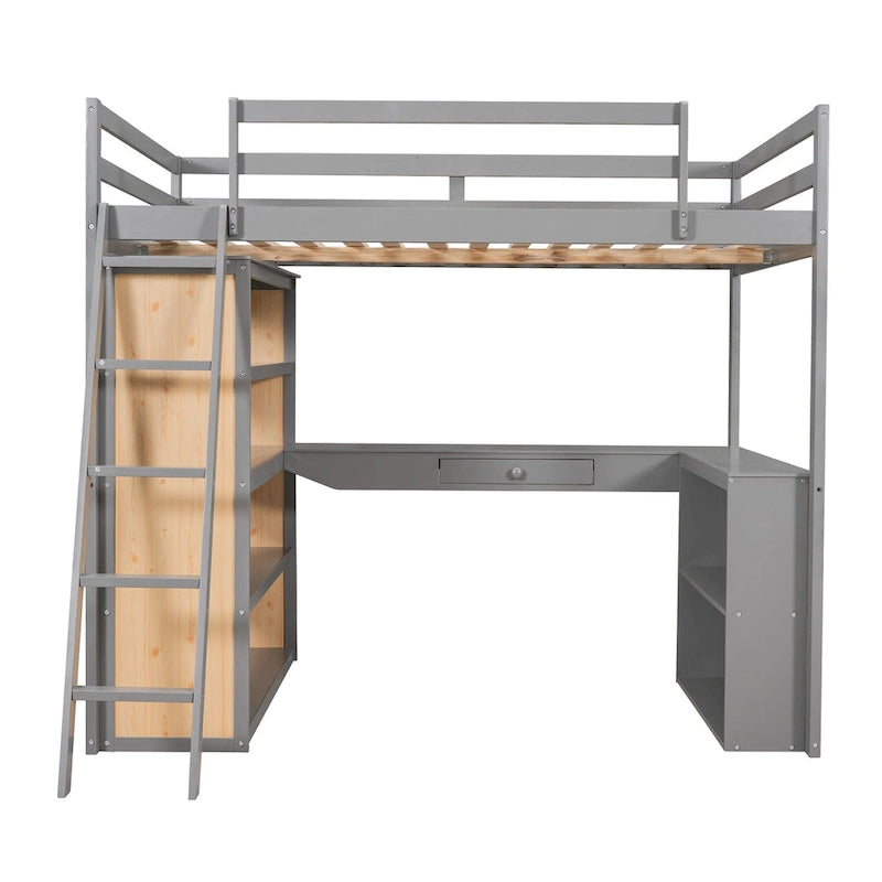 Lit mezzanine deux places avec échelle, étagères et bureau