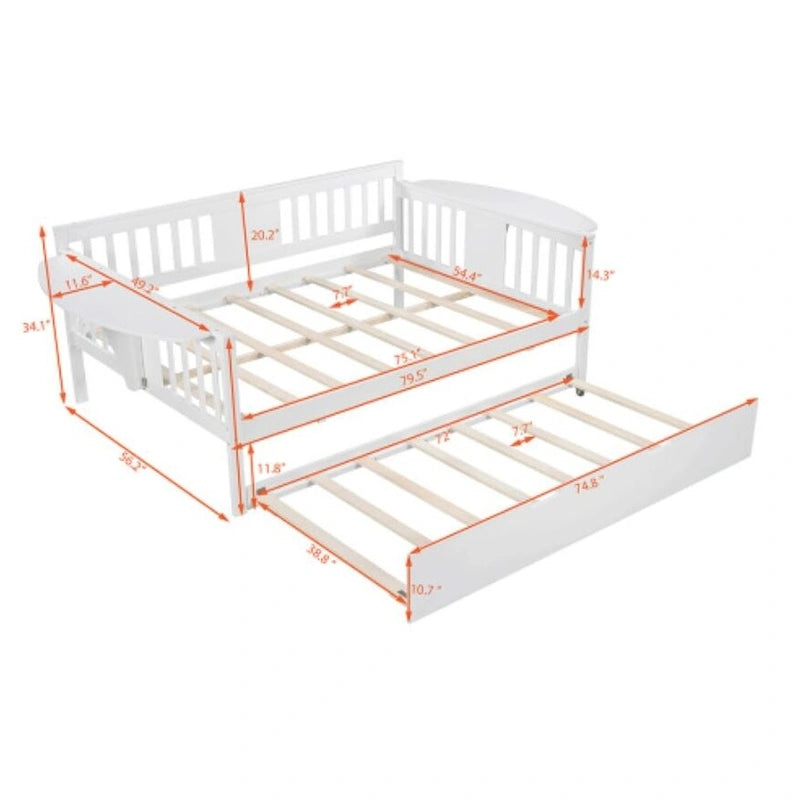 Wood Slat Support full size Daybed with Twin size Trundle in White