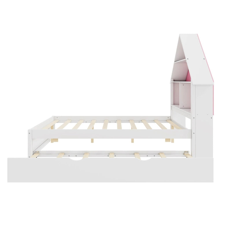 Lit pleine grandeur en forme de maison avec tête de lit bibliothèque, éclairage LED et lit gigogne simple pour enfants, garçons et filles