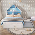 Lit pleine grandeur en forme de maison avec tête de lit bibliothèque, éclairage LED et lit gigogne simple pour enfants, garçons et filles